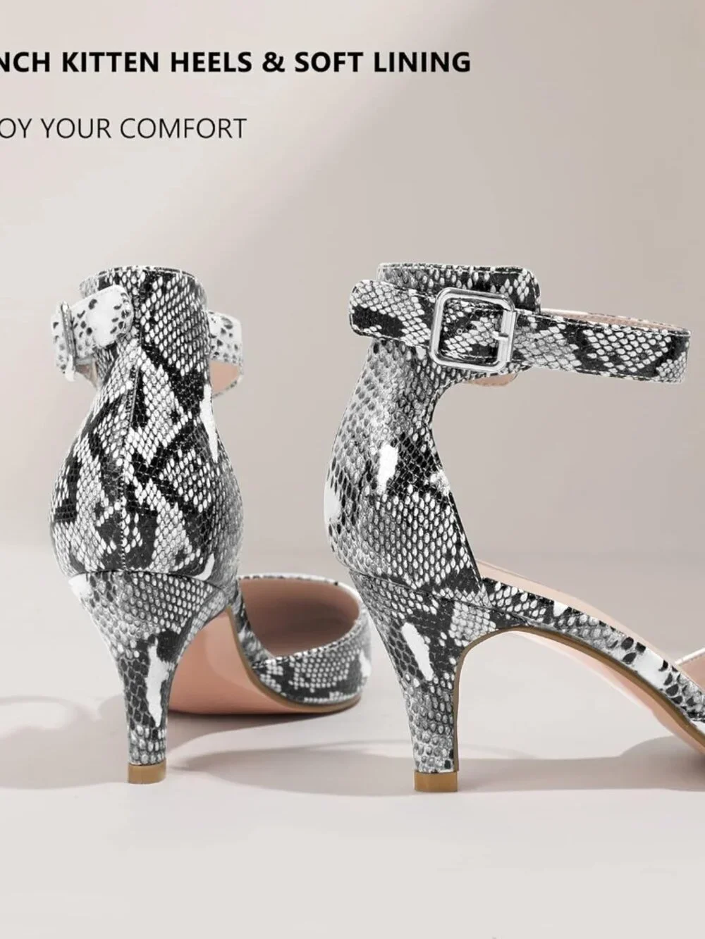Women's Snake White Pumps Low Kitten Heels Pointed Closed Toe Shoes Strap